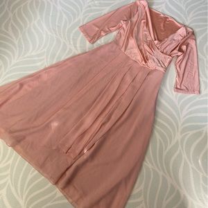 Formal long dress v neck stretchy faux wrap 3/4 sleeves chiffon bottom layers